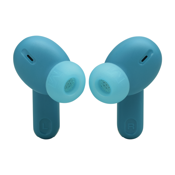 Dos auriculares azules. El auricular izquierdo tiene una L. El derecho tiene una R. Fondo negro.
