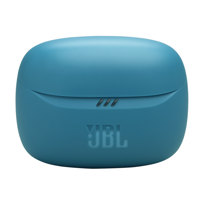 Un estuche de carga JBL color turquesa con el logotipo JBL.