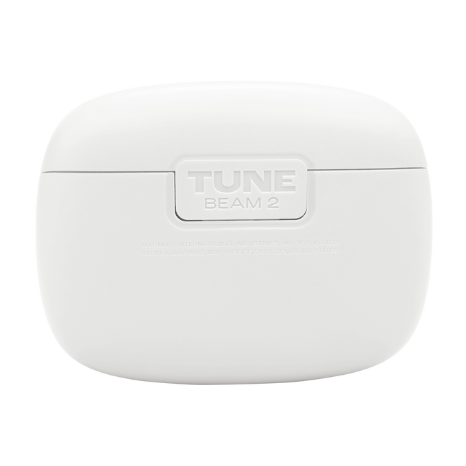 Estuche de auriculares blanco con texto 'TUNE BEAM 2'. Logotipo y texto Harman en blanco.