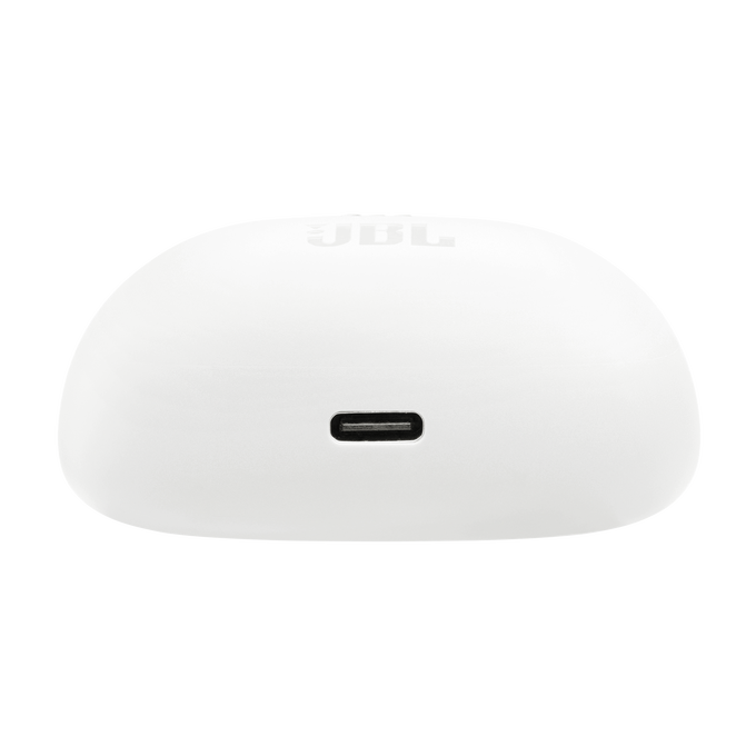 Un estuche de carga blanco para auriculares JBL con un puerto USB-C.