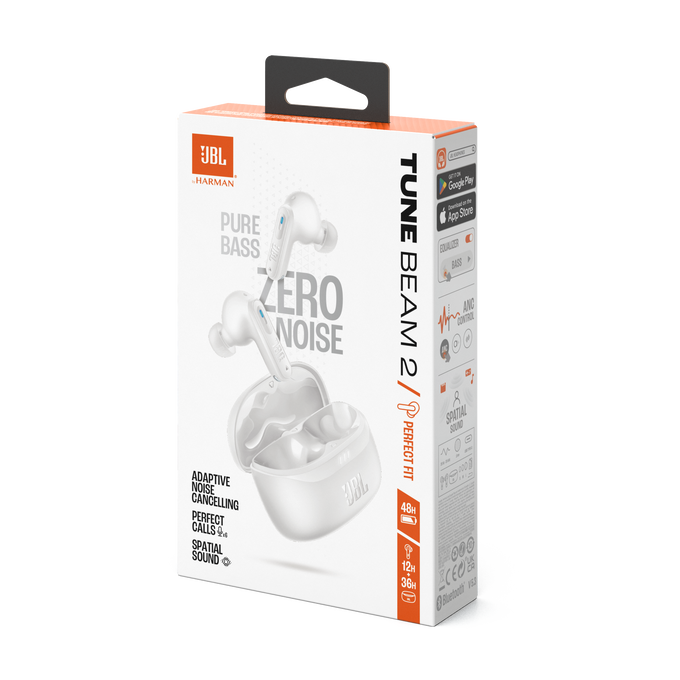 Caja de auriculares JBL Tune Beam 2 blancos con imágenes de auriculares y funciones mostradas.