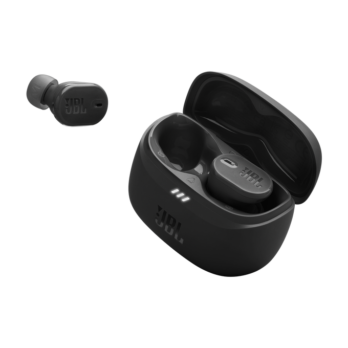 Auriculares JBL negros y estuche de carga. Un auricular está separado.