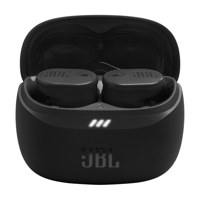Auriculares JBL negros en estuche de carga, abiertos, con luces indicadoras.