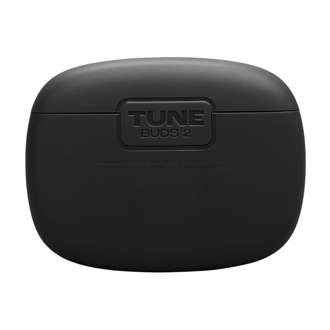 Estuche negro JBL Tune Buds 2. Rectangular con esquinas redondeadas. "TUNE BUDS 2" en relieve. Texto abajo.