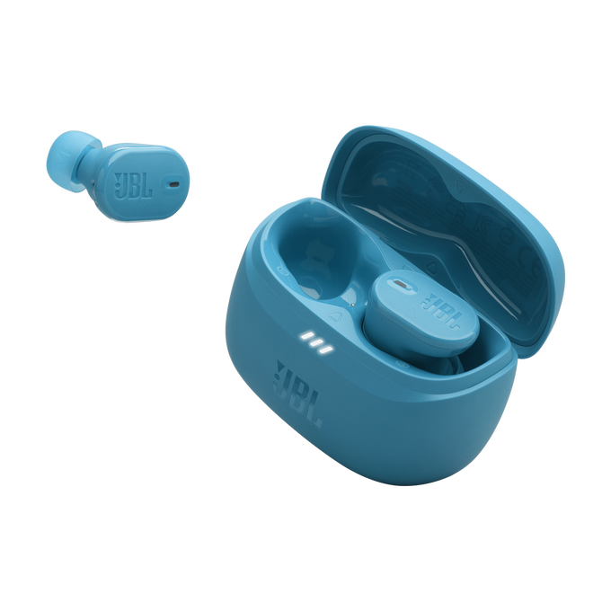 Auriculares y estuche de carga azules sobre fondo negro. Indicadores blancos encendidos.