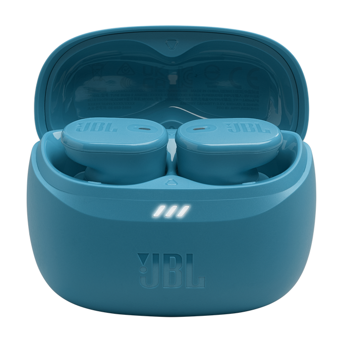 Auriculares JBL azules en estuche de carga, abiertos, sobre fondo blanco.