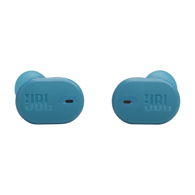 Auriculares JBL azules sobre superficie negra.