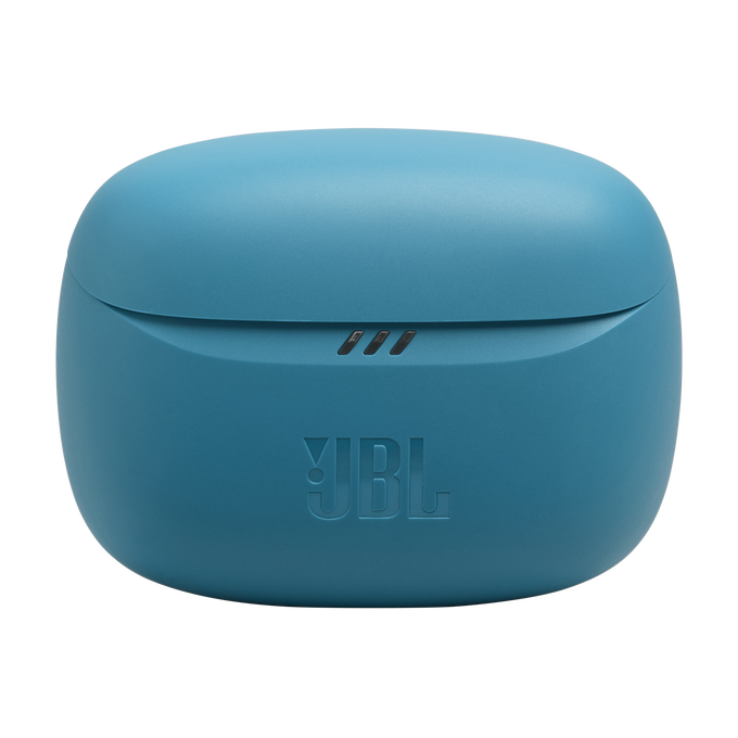 Funda de carga azul de auriculares JBL, con el logotipo JBL y tres barras pequeñas.