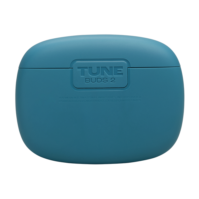 Estuche de carga azul para auriculares JBL Tune Buds 2 con texto y logotipo.