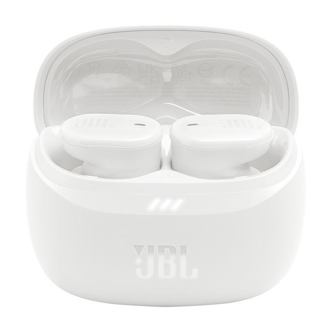 Un estuche blanco para auriculares con dos auriculares dentro.
