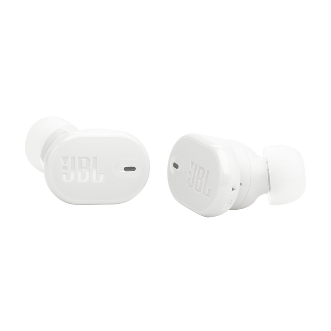 Auriculares inalámbricos JBL blancos. Los auriculares se muestran sobre un fondo blanco con una sombra oscura.
