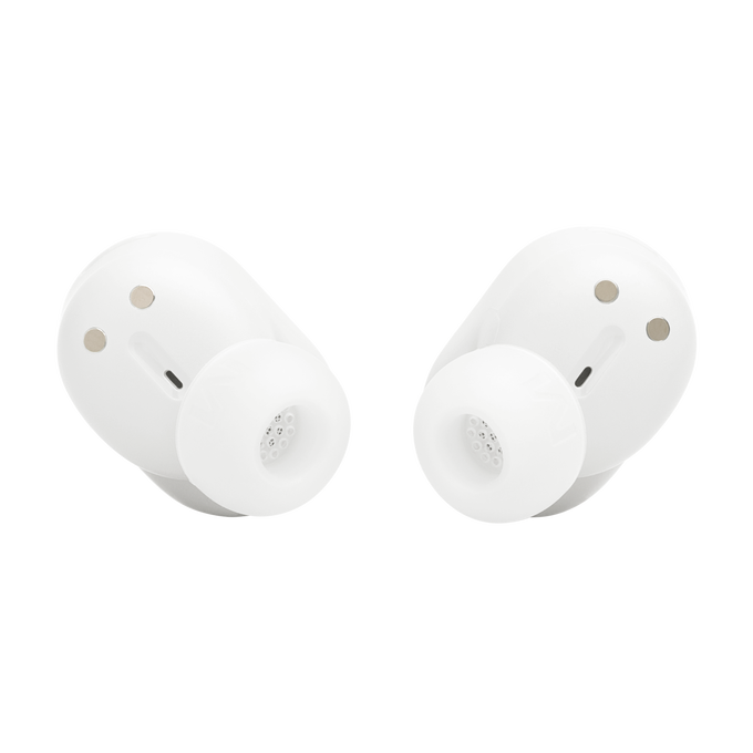 Auriculares blancos, primer plano, con formas redondeadas.