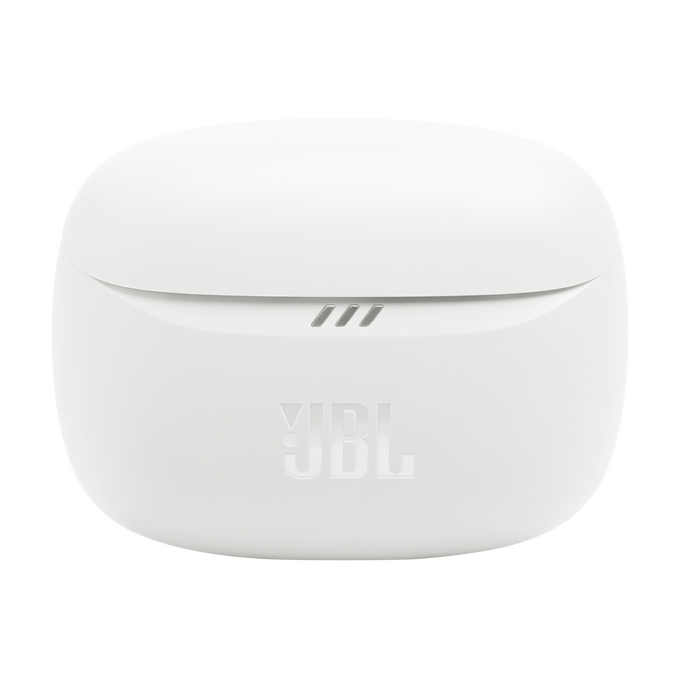 Funda de carga blanca para auriculares JBL. Se ven tres líneas plateadas en la funda.
