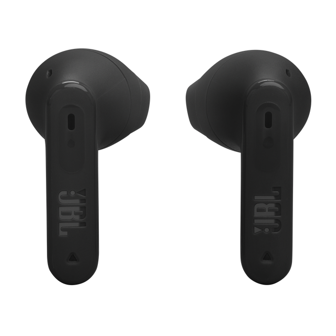 Dos auriculares JBL negros con un fondo oscuro.