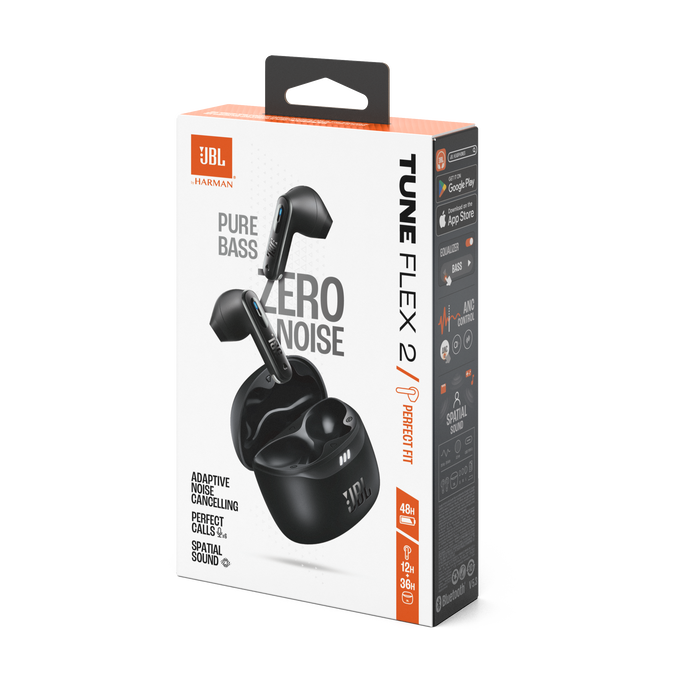 Auriculares JBL Tune Flex 2 en caja. Auriculares negros con estuche de carga. La caja tiene texto e imágenes de funciones.