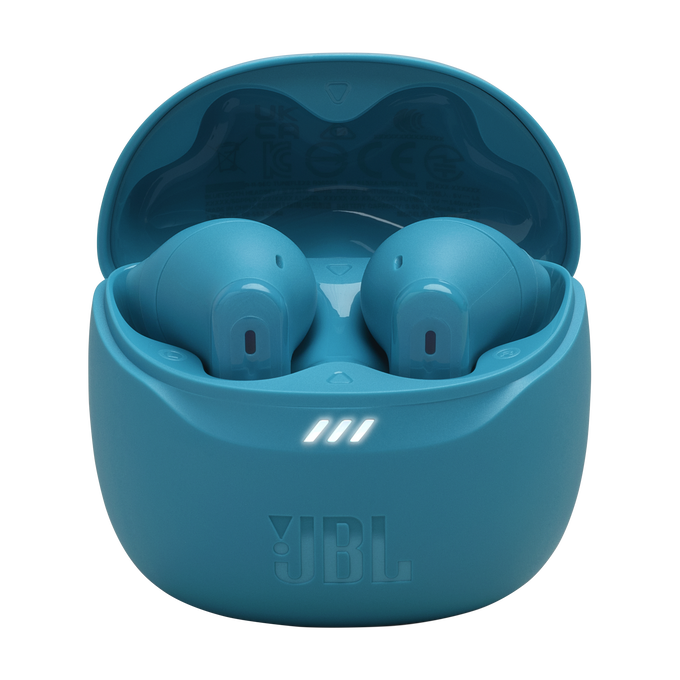 Auriculares JBL de color turquesa en un estuche de carga turquesa. El estuche está abierto.