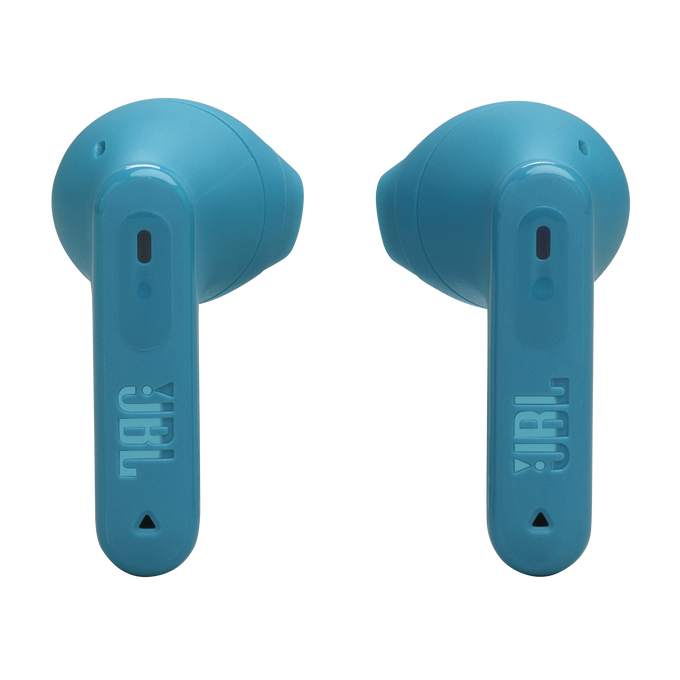 Dos auriculares JBL azules. Cada uno tiene un tallo con el logo de JBL. El fondo es un degradado azul y negro.