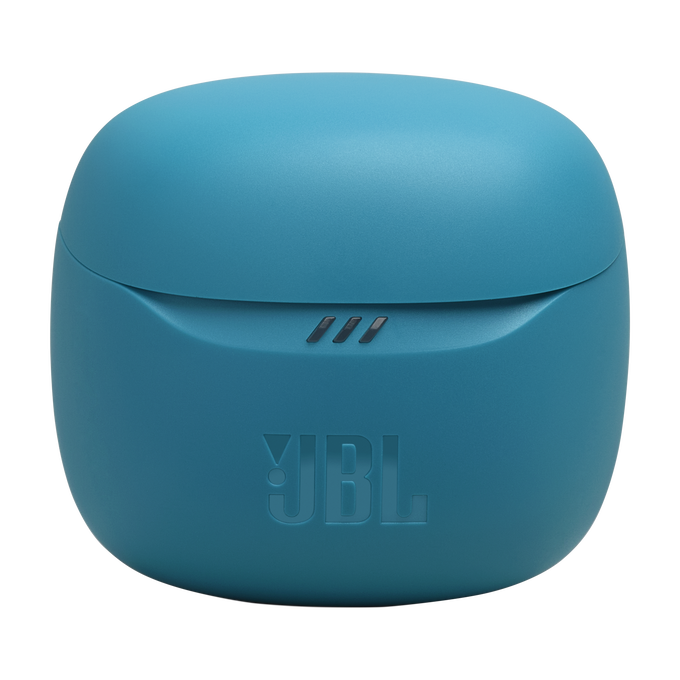 Funda de carga color turquesa con tres luces indicadoras y el logotipo de JBL.