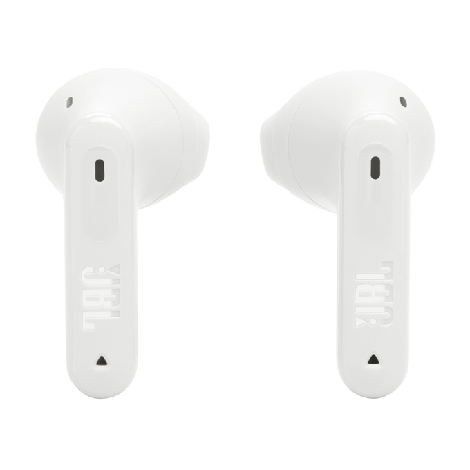 Dos auriculares JBL blancos sobre un fondo blanco.