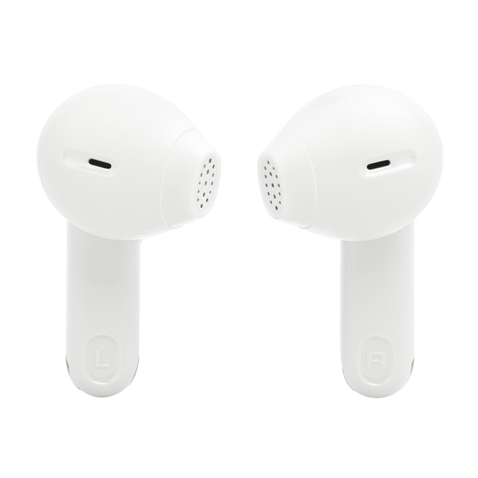 Auriculares blancos con indicadores izquierdo y derecho. Diseño curvo y suave.
