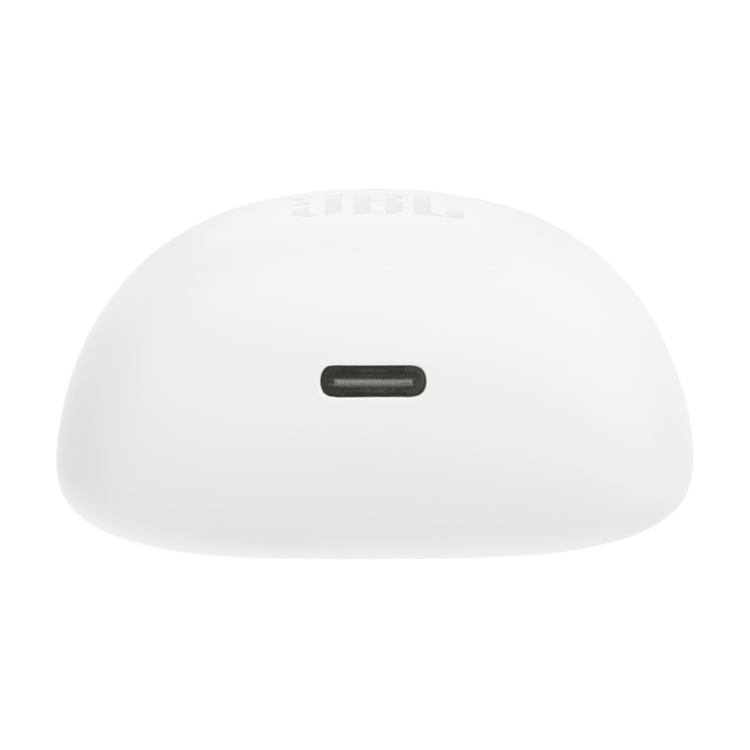 Estuche de carga blanco para auriculares con un puerto USB-C.