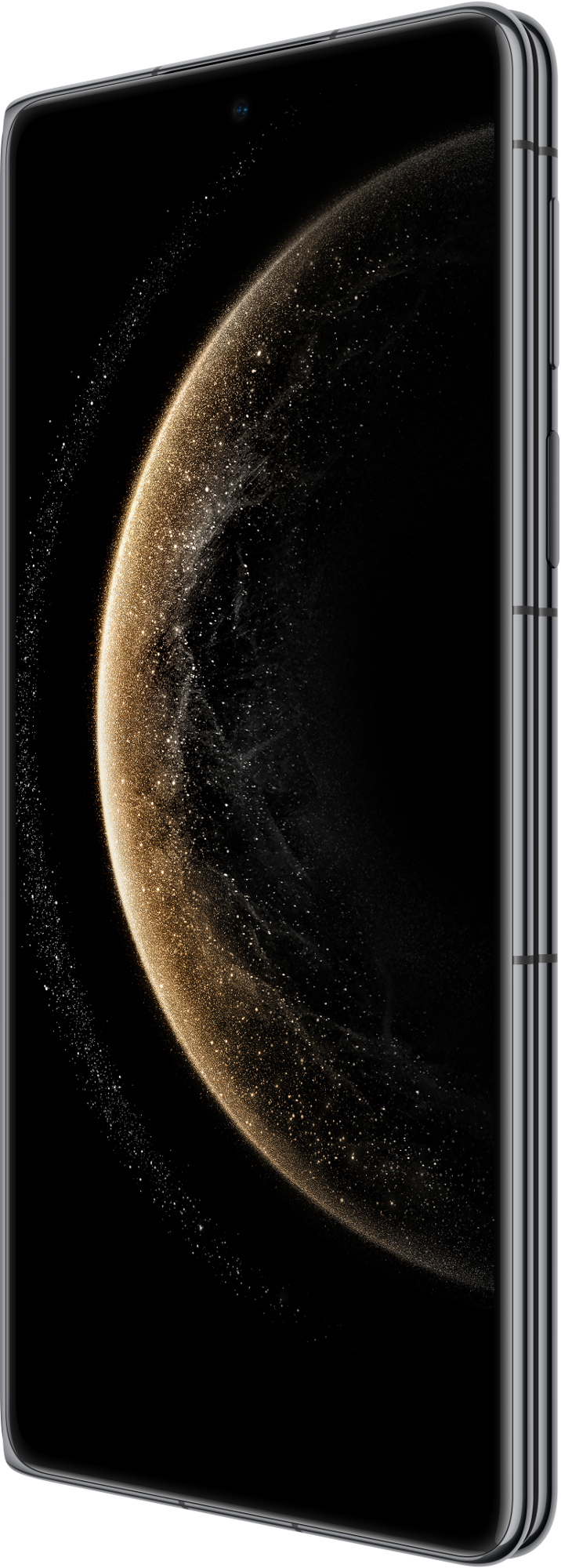 Srebrno-czarny smartfon, wyświetlający złotą i czarną tapetę o tematyce kosmicznej.