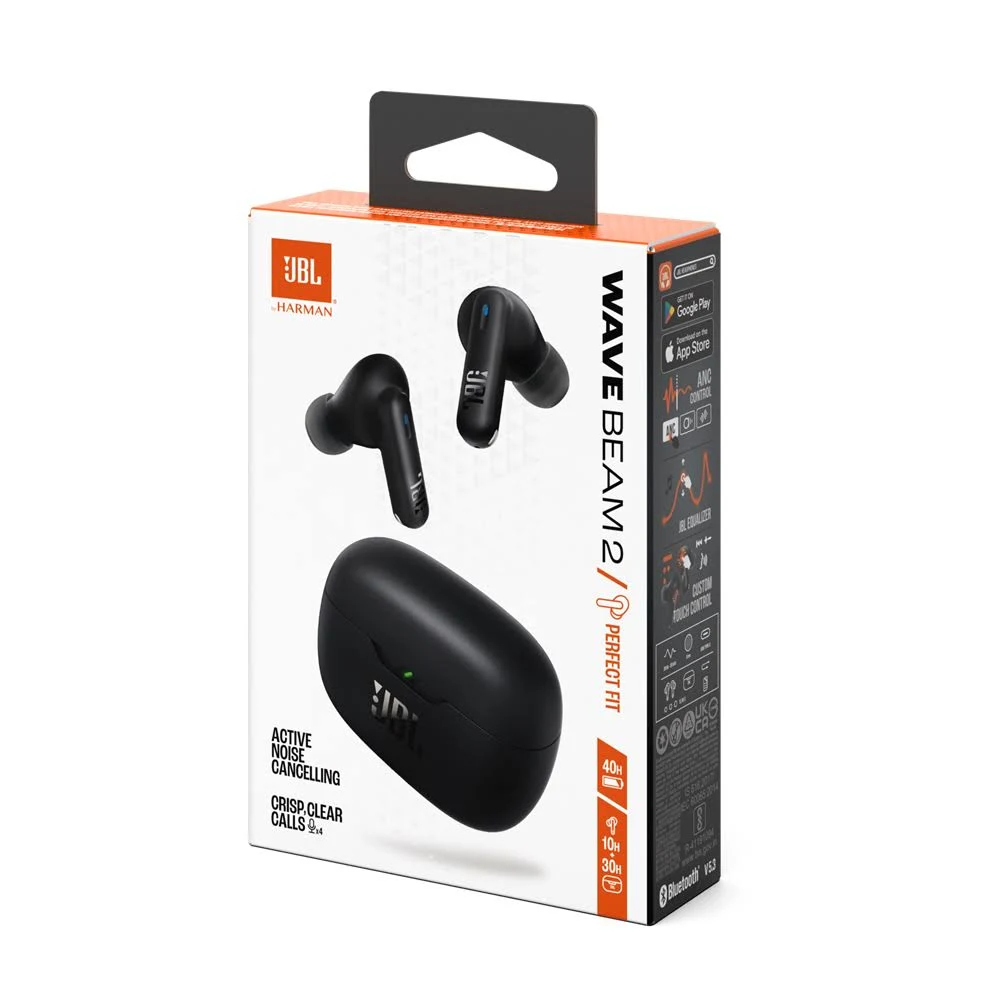 Caja de auriculares JBL Wave Beam 2 negros, auriculares y estuche.