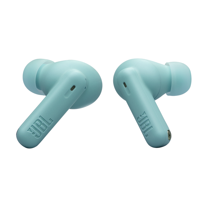 Dos auriculares tipo botón azul claro sobre negro.