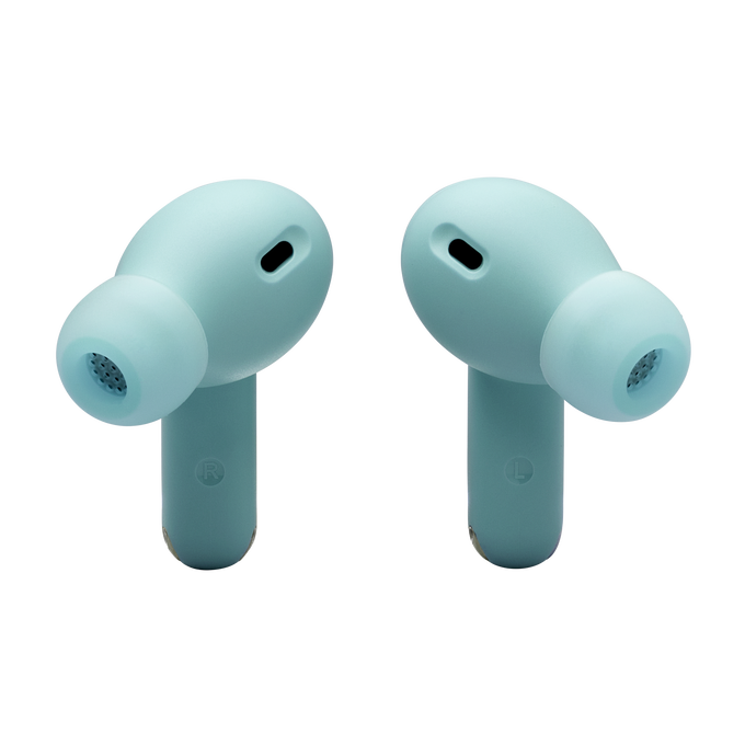 Dos auriculares inalámbricos azul claro sobre fondo negro. Cada uno tiene un tallo y una punta.