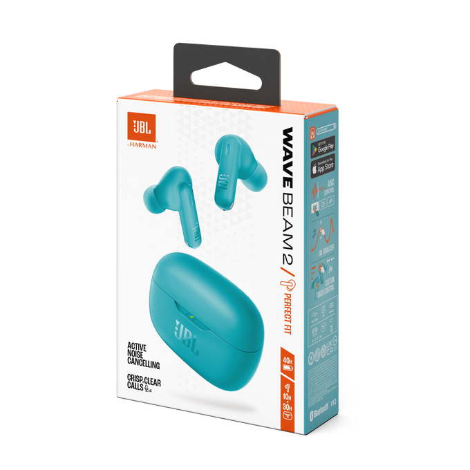 Auriculares JBL Wave Beam 2 en estuche con presentación en caja.