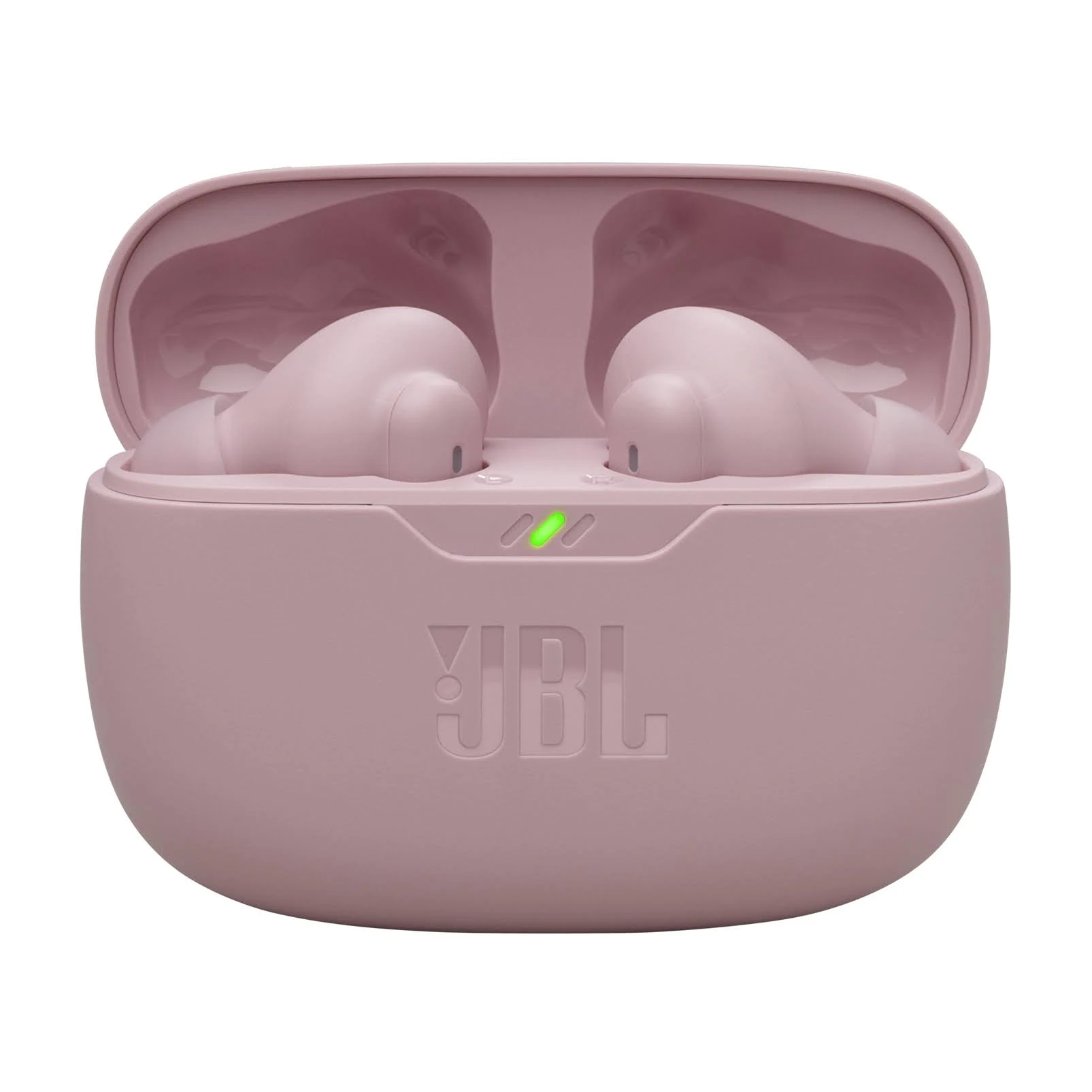 Auriculares JBL rosas en un estuche de carga. El estuche está abierto, y los auriculares son visibles. Luz verde.