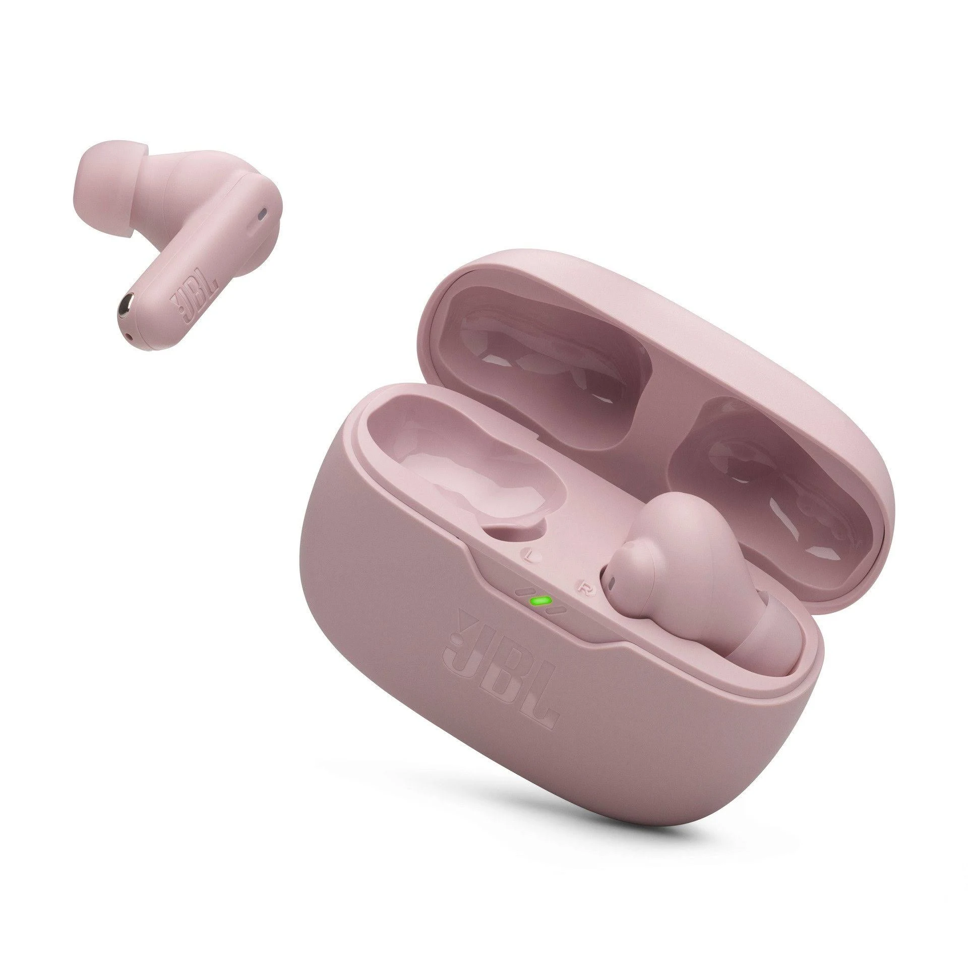 Auriculares JBL rosas y estuche de carga, vista en ángulo sobre fondo blanco.