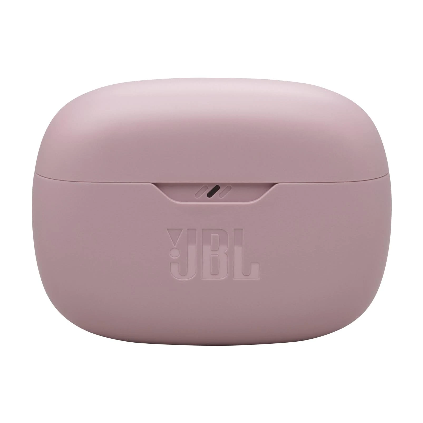 Estuche de carga de auriculares rosa y redondeado con el logotipo JBL en relieve.