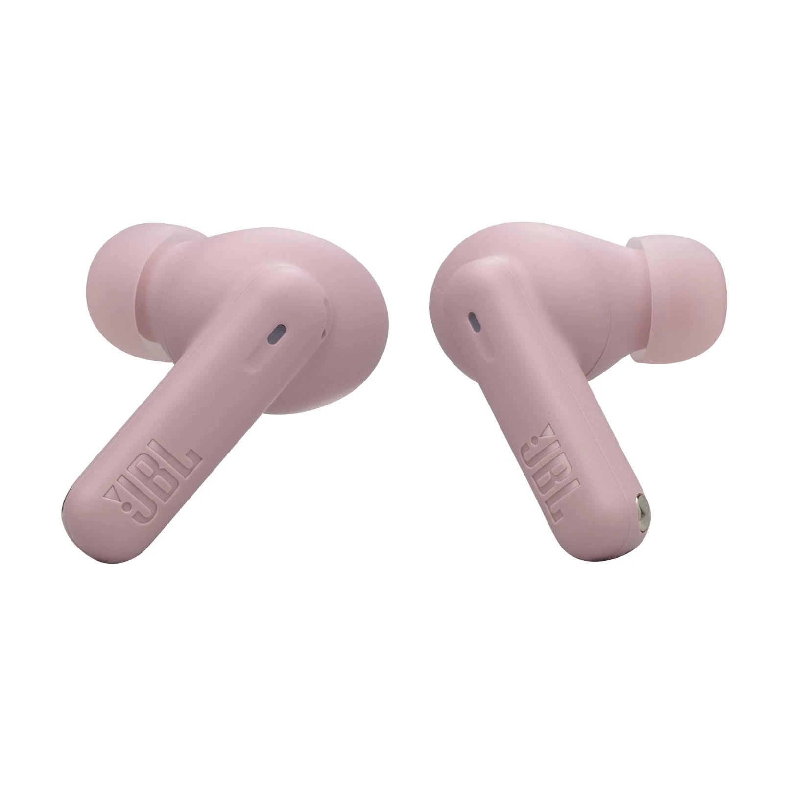 Dos auriculares JBL rosas, con el logo de JBL en el lateral. Los auriculares en una toma cercana.