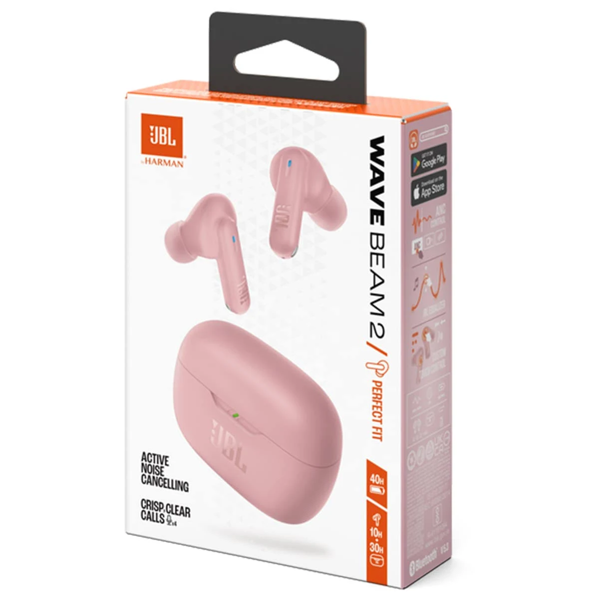 Una caja rosa de auriculares JBL Wave Beam 2 con auriculares y estuche de carga rosas.