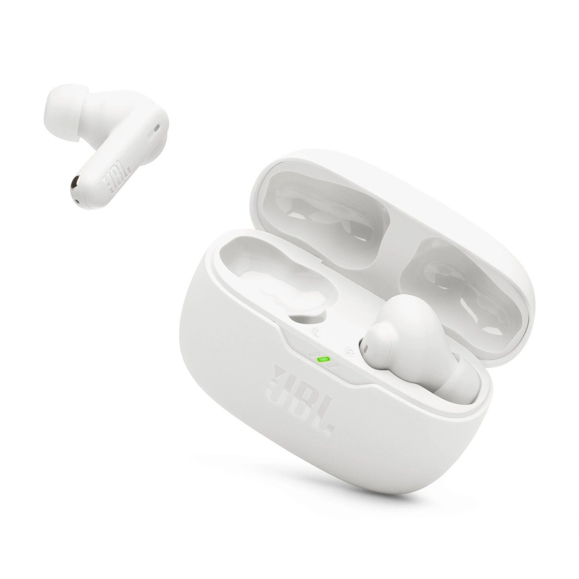 Auriculares blancos y estuche de carga. Un auricular fuera del estuche. El estuche está abierto.