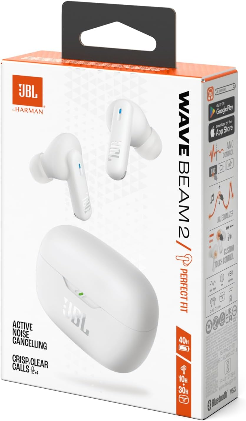 Auriculares JBL blancos y estuche de carga. La caja muestra imágenes del producto y sus características.