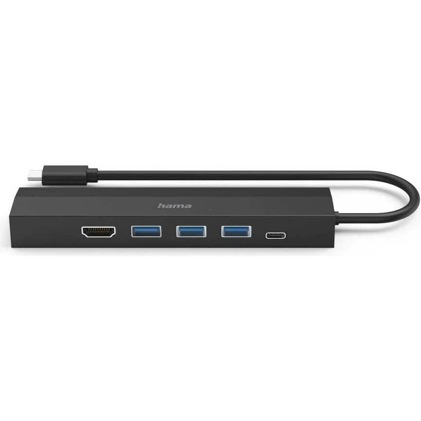 Concentrador Hama USB-C negro con múltiples puertos. HDMI, USB y USB-C sobre fondo blanco.
