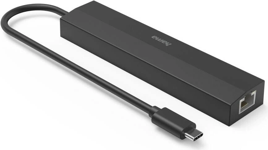 Un adaptador Hama USB-C a Ethernet negro con cable y conector.
