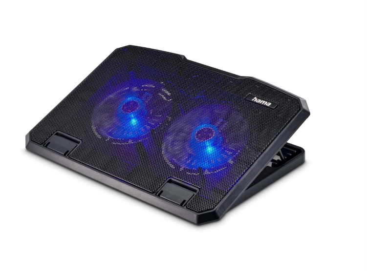Base de refrigeración para portátil negra con dos ventiladores azules iluminados. La base tiene una superficie de malla y un marco negro.