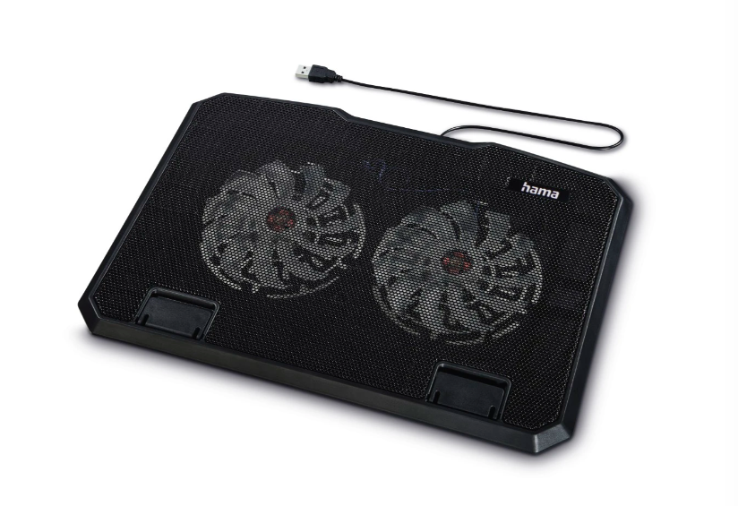 Enfriador de portátil negro con dos ventiladores. Cable USB y superficie de malla.
