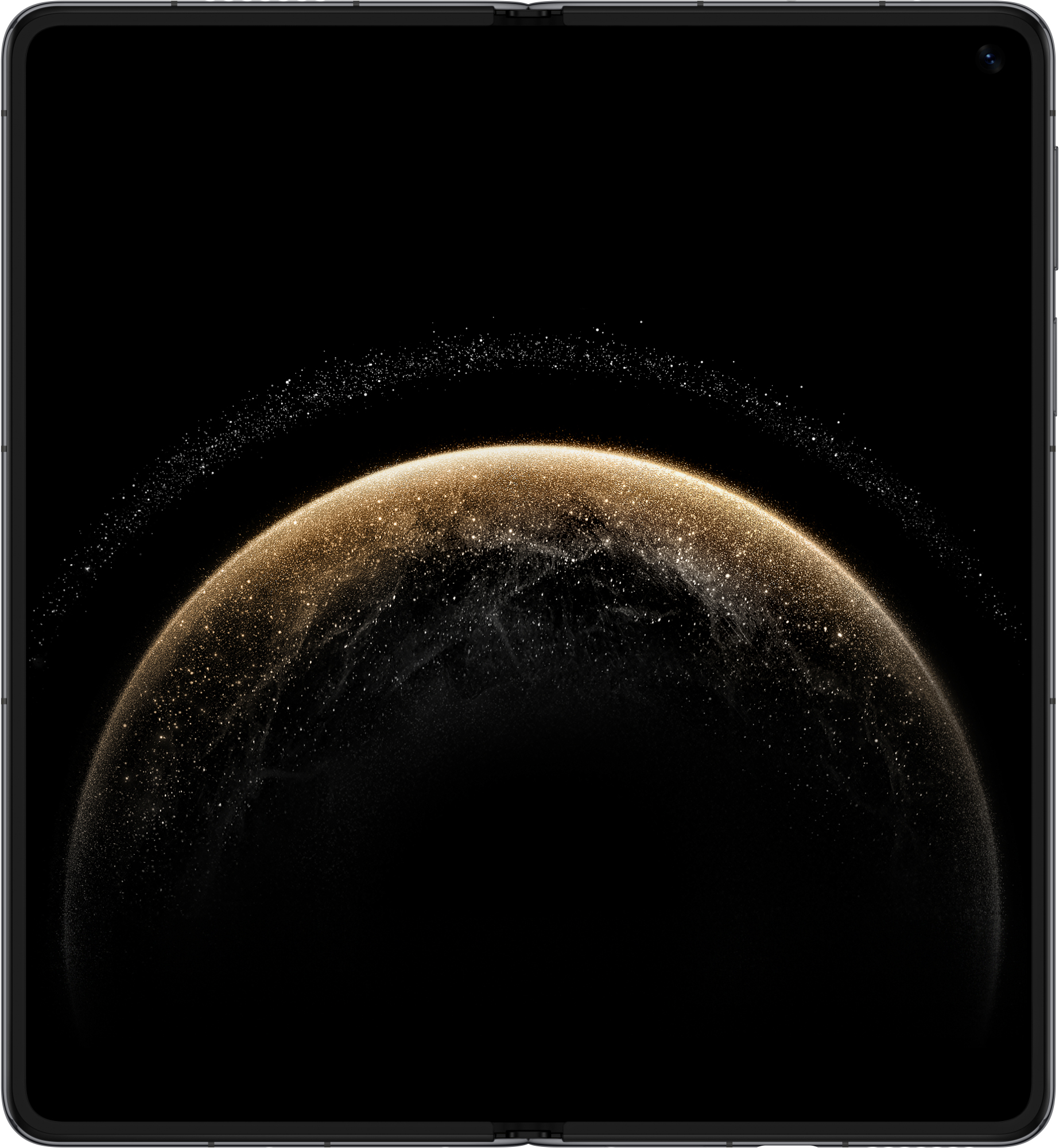 Czarny składany telefon z ekranem pokazującym złoty obraz podobny do planety na czarnym tle.