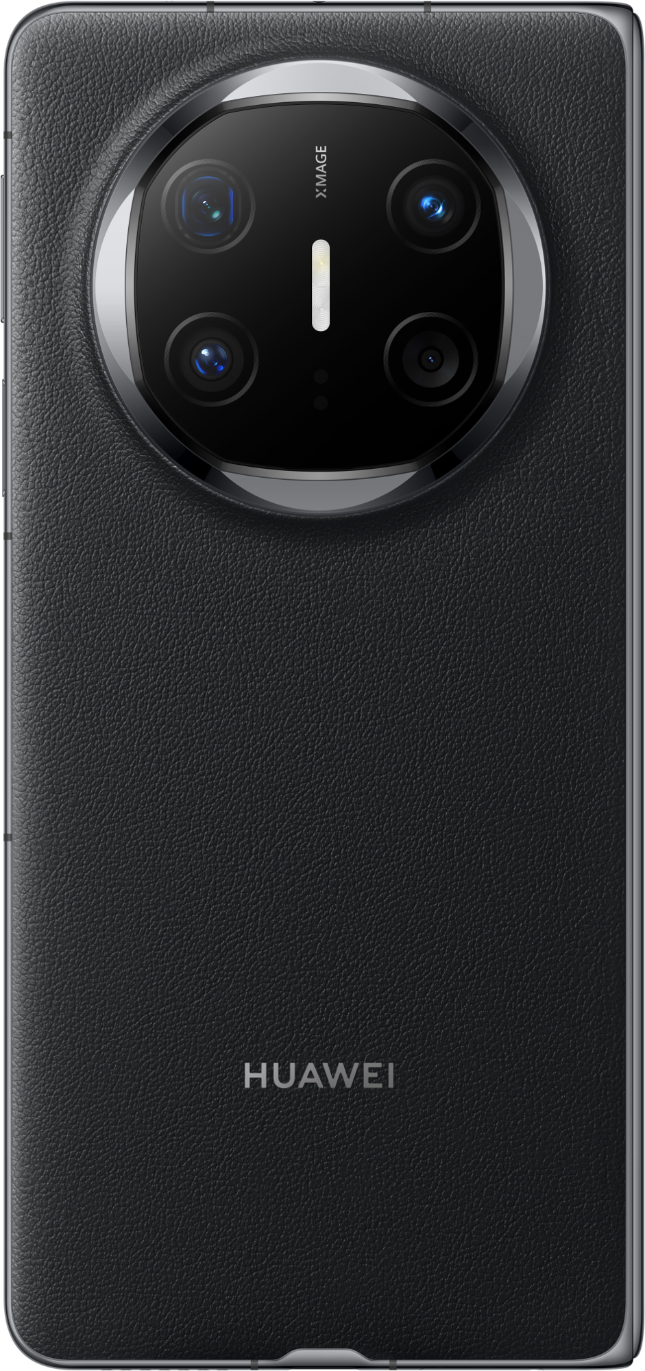 Tył czarnego telefonu komórkowego. Aparat ma okrągły kształt.