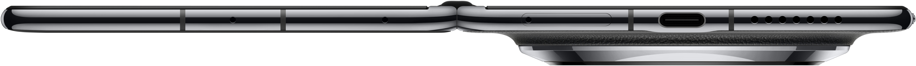 Widok z boku złożonego telefonu, z ciemnym tłem.