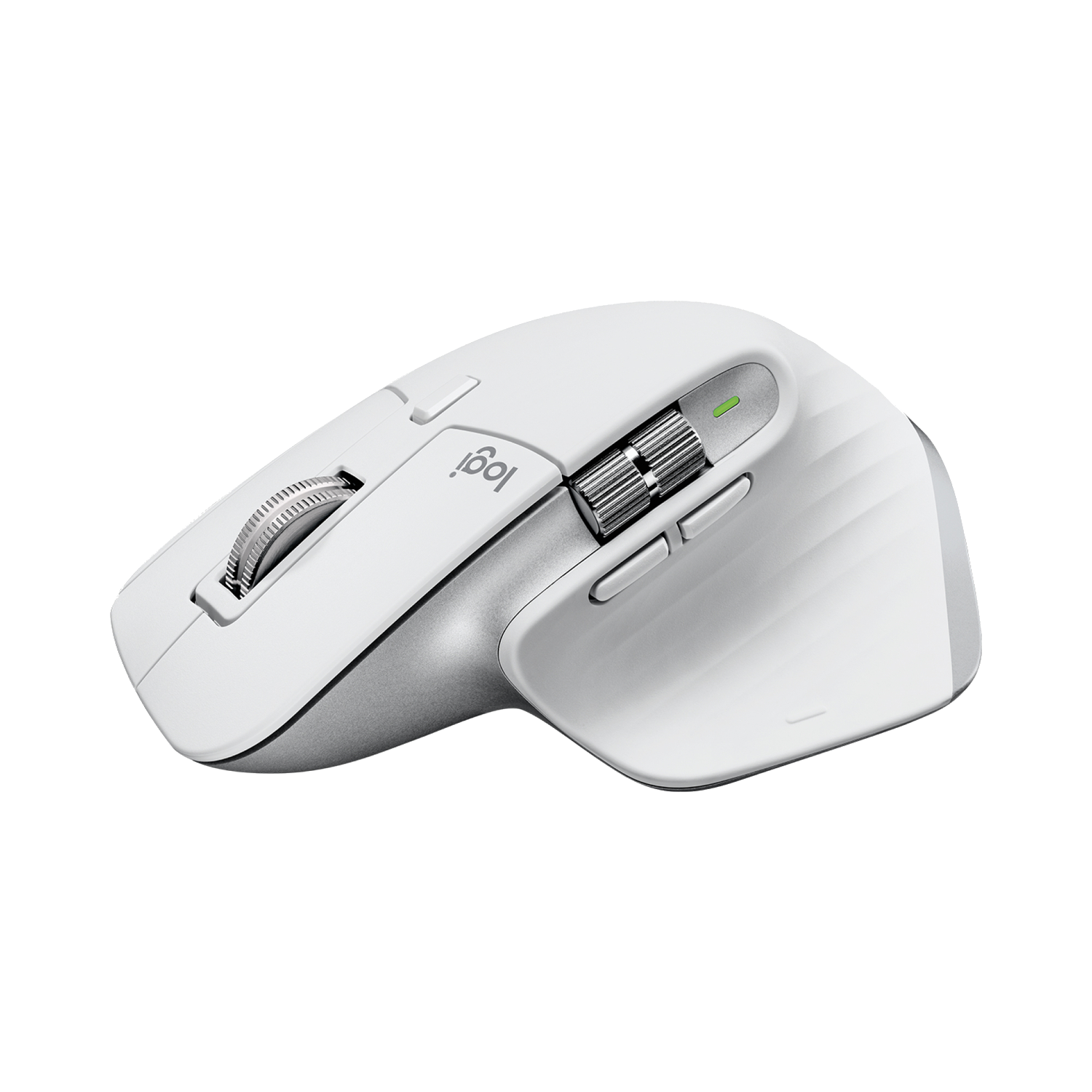 Souris blanche Logitech MX Master 3S avec des accents argentés, des boutons et une molette sur fond noir.