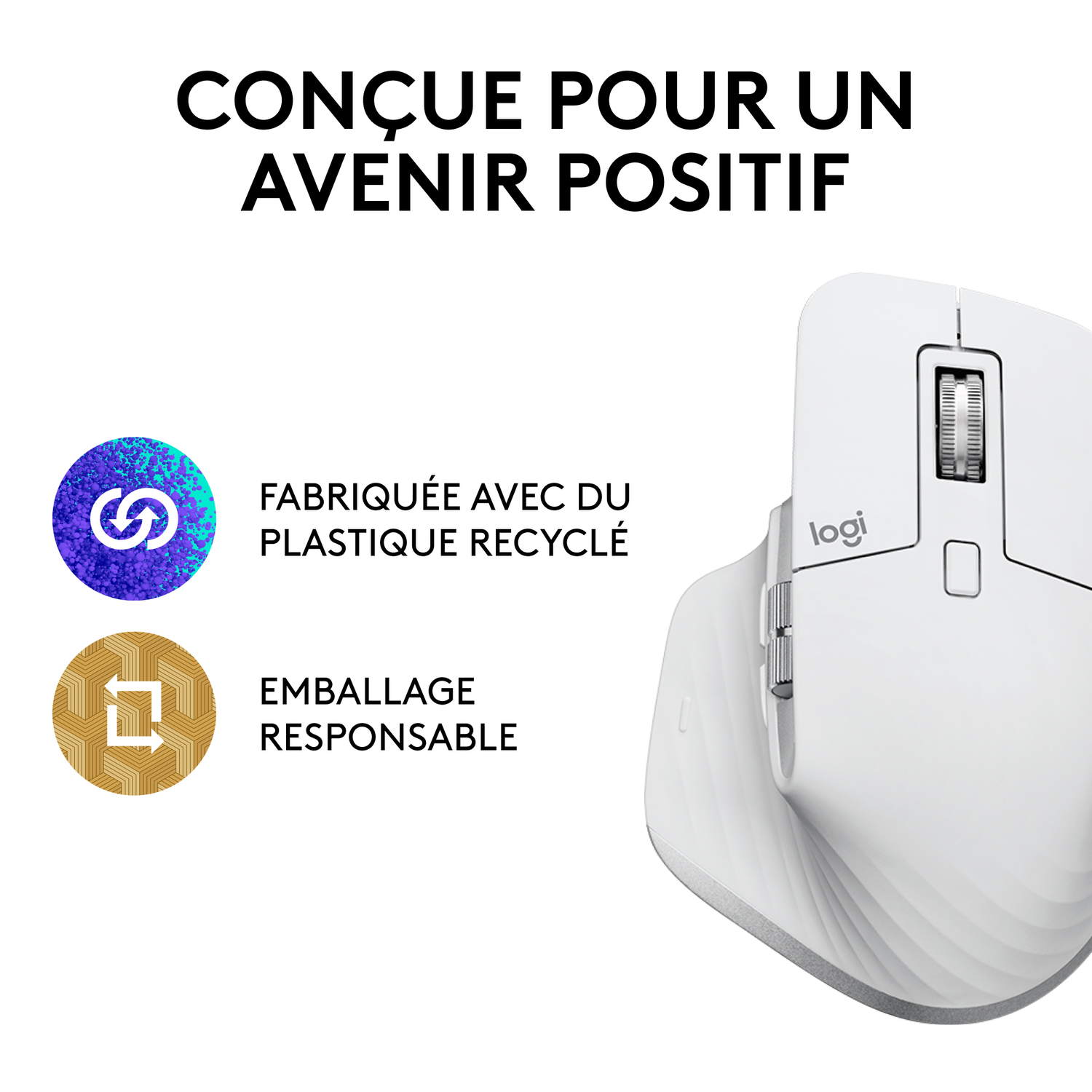 Souris Logitech blanche avec texte et icônes.