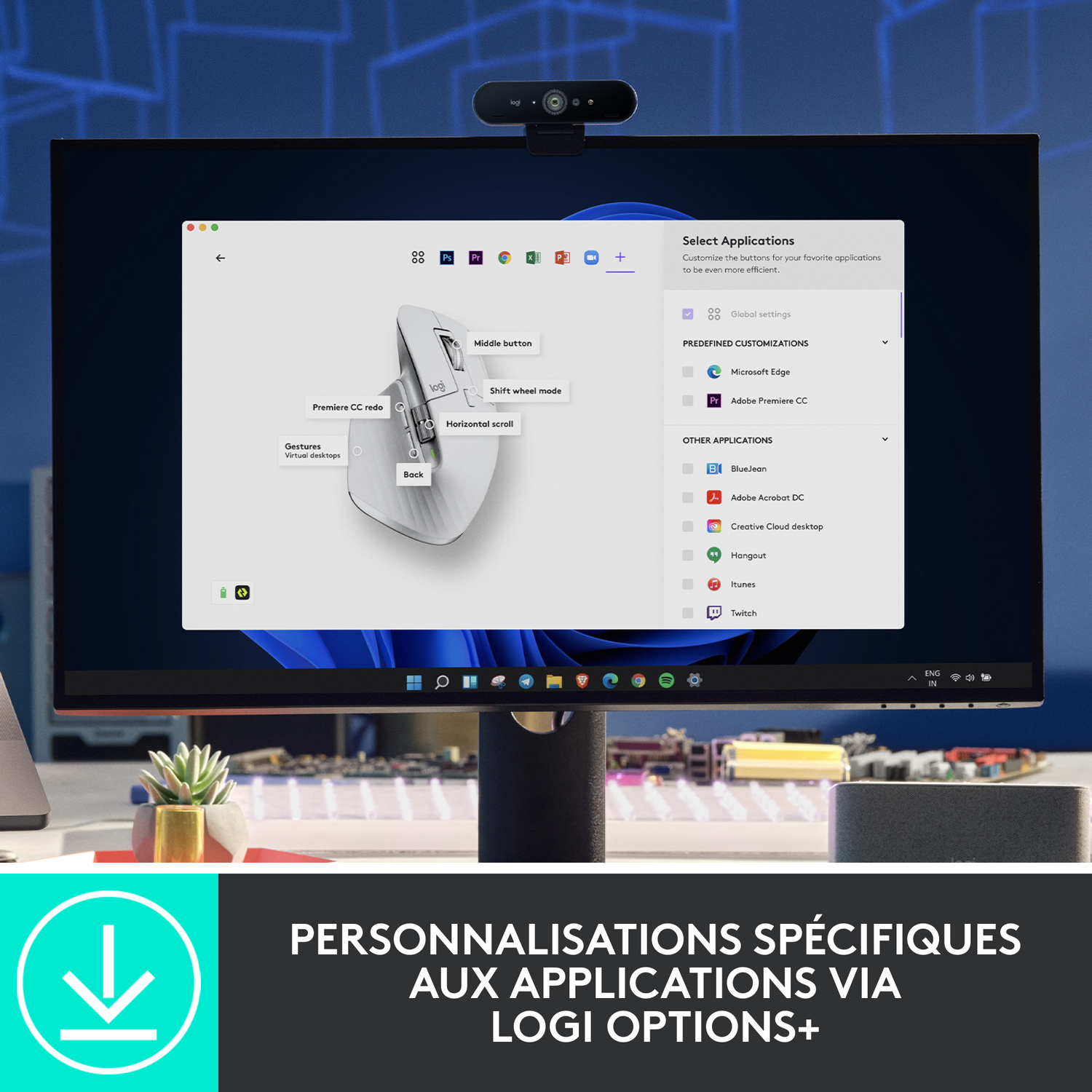 Un moniteur d'ordinateur affichant une interface de paramètres de souris, avec une webcam au-dessus.