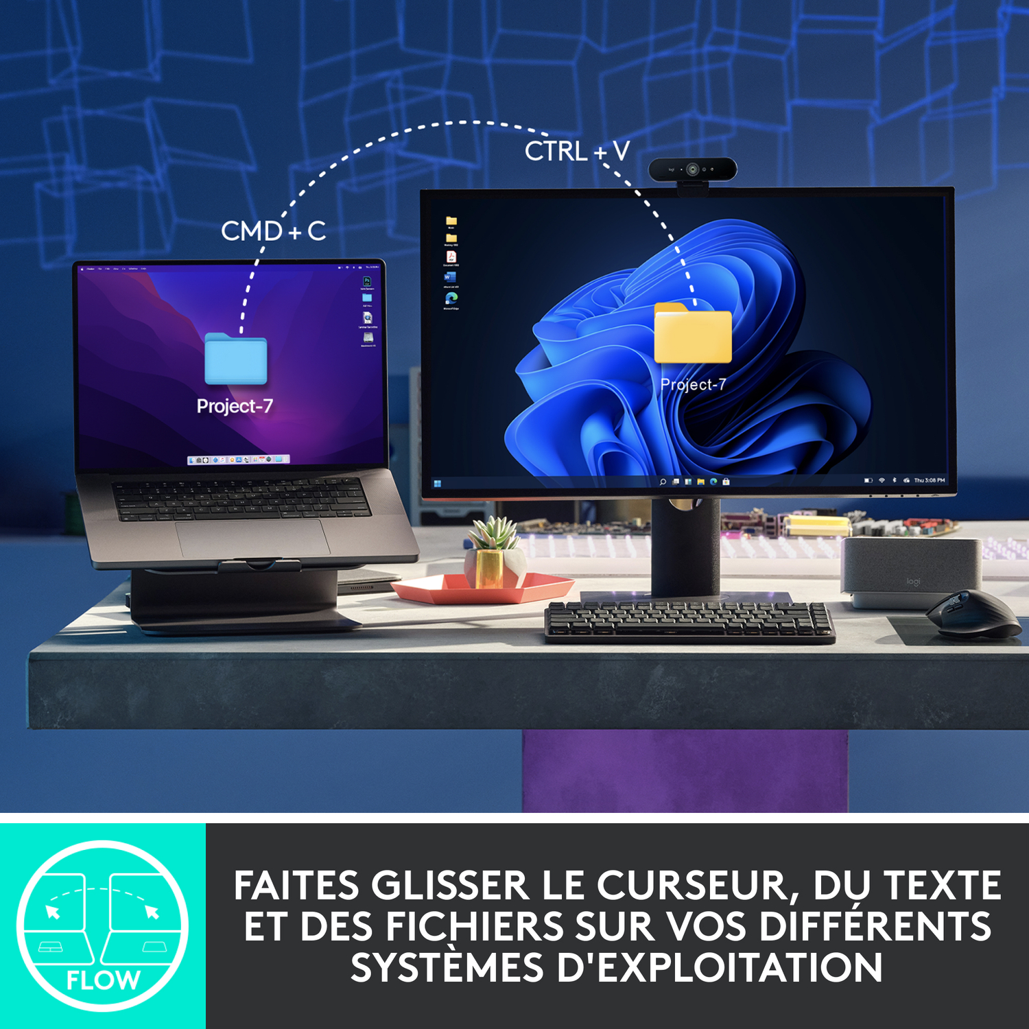 Deux ordinateurs portables et un moniteur sur un bureau. Flèches montrent les actions entre les appareils.
