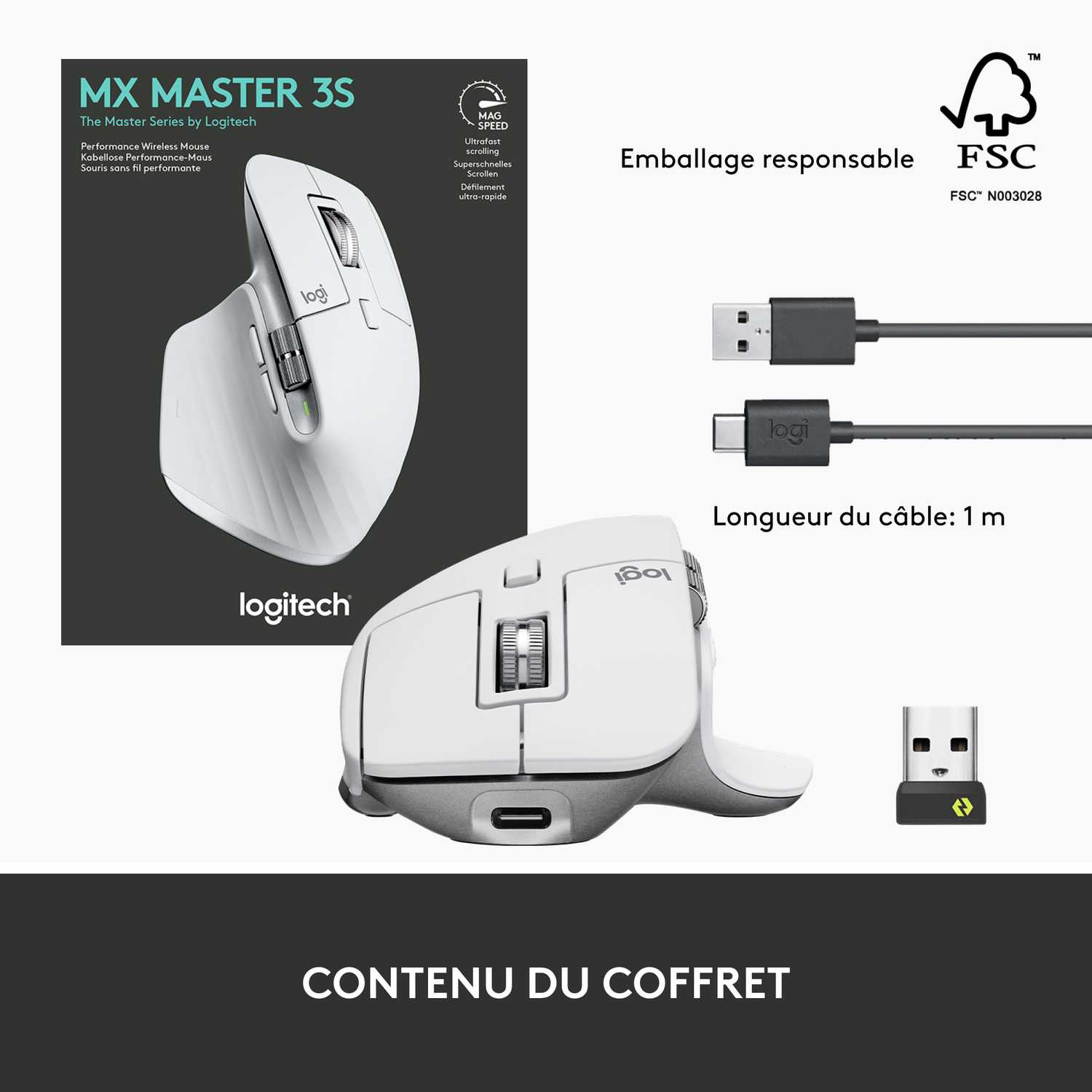 Une souris Logitech blanche et une boîte avec accessoires, câbles.