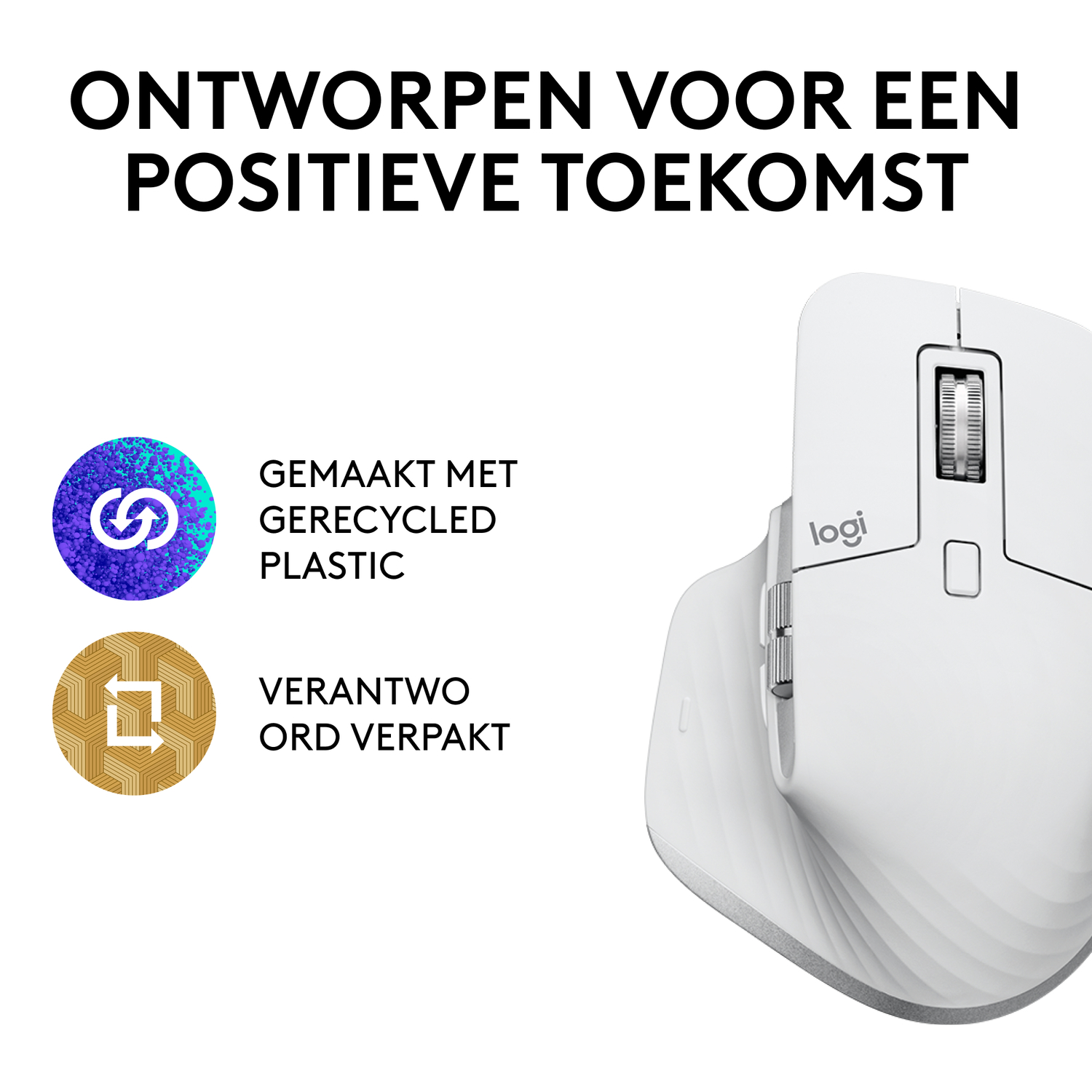 White mouse, text: designed for a positive future, and icons.
